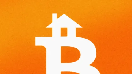 A white house silhouette above a Bitcoin symbol on an orange background.