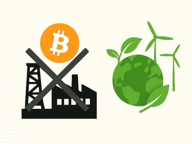 A crossed-out industrial plant beside a Bitcoin symbol and a green globe with wind turbines.