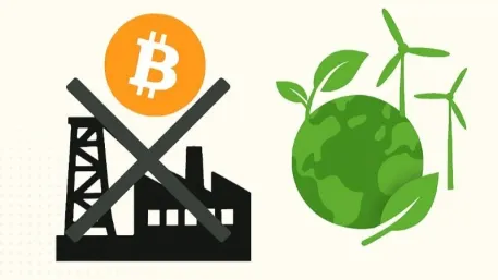 A crossed-out industrial plant beside a Bitcoin symbol and a green globe with wind turbines.