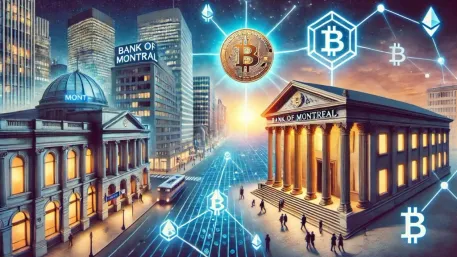 Bank of Montreal buildings illustrated alongside Bitcoin symbols and digital connections.