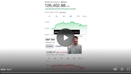 Video screenshot comparing Bitcoin and S&P 500 market charts, with a presenter overlaid.