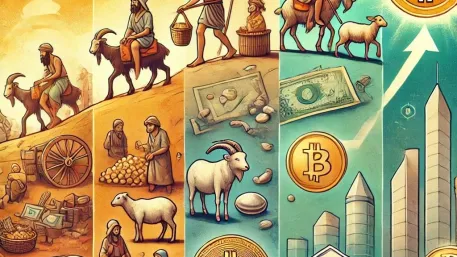 Illustrated progression from barter and commodities through trade, banks, and Bitcoin.