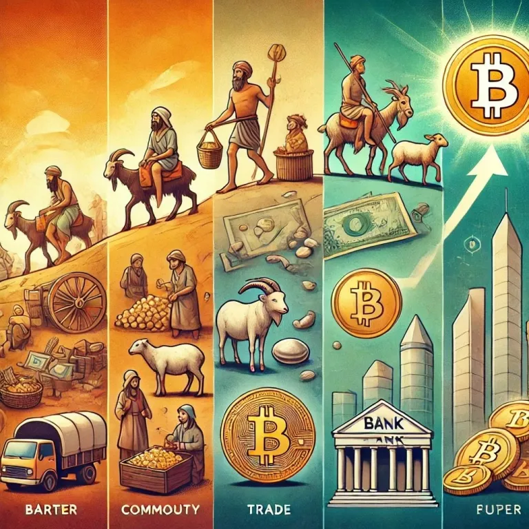 Illustrated progression from barter and commodities through trade, banks, and Bitcoin.