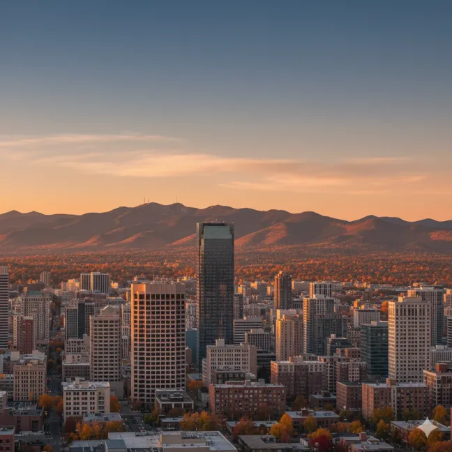 City skyline at sunset with autumn foliage and mountains in the background, showcasing a blend of urban and natural landscapes under a clear sky.