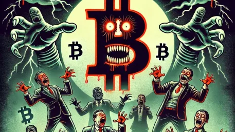 Illustrated poster titled Bitcoin Derangement Syndrome, with a monster-like Bitcoin symbol and frightened people.
