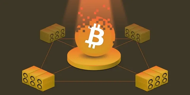 Illustration of a Bitcoin symbol connected to multiple mining devices in a network.
