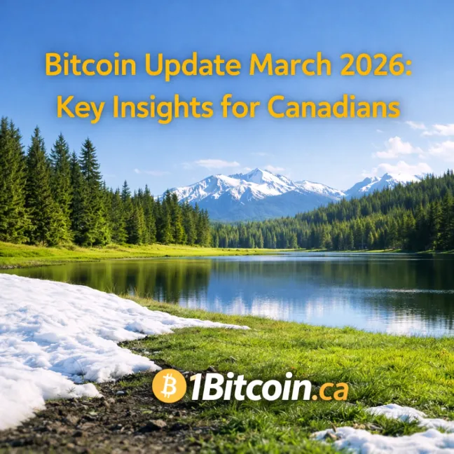 Graphic titled “Bitcoin Update March 2026: Key Insights for Canadians” with the 1Bitcoin.ca logo over a scenic mountain lake landscape.