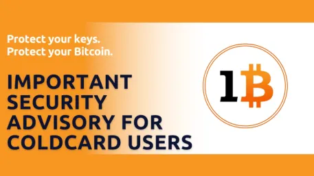 Graphic titled "Important Security Advisory for COLDCARD Users" with the message "Protect your keys. Protect your Bitcoin." alongside the 1Bitcoin logo on an orange and white background, highlighting an important Bitcoin hardware wallet security notice.