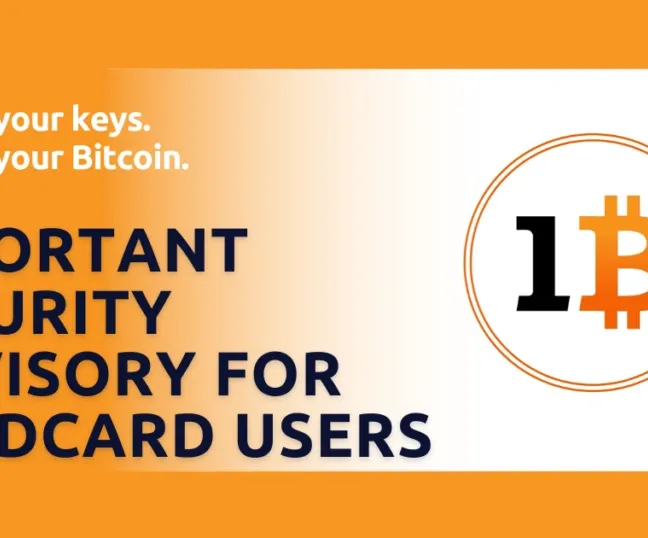 Graphic titled "Important Security Advisory for COLDCARD Users" with the message "Protect your keys. Protect your Bitcoin." alongside the 1Bitcoin logo on an orange and white background, highlighting an important Bitcoin hardware wallet security notice.