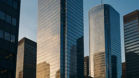 Downtown Toronto skyscrapers at sunset with glass facades reflecting golden light against a clear blue sky.