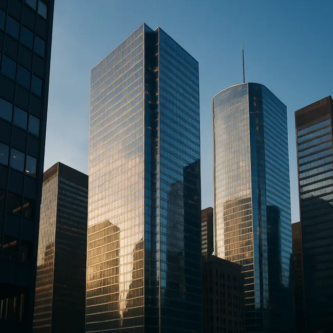 Downtown Toronto skyscrapers at sunset with glass facades reflecting golden light against a clear blue sky.
