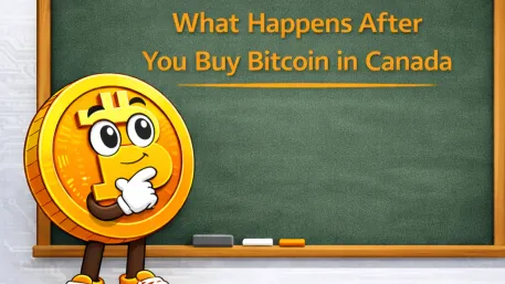 A thoughtful illustration of a cartoon Bitcoin character standing beside a chalkboard titled “What Happens After You Buy Bitcoin in Canada”, introducing the next steps around custody, security, and long-term ownership.