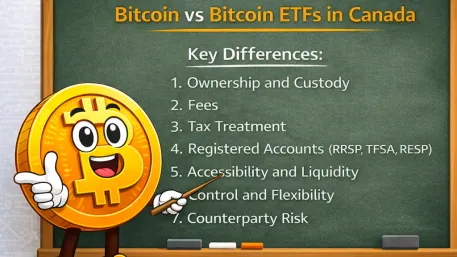 A clear, educational illustration of a cartoon Bitcoin character pointing to a chalkboard that compares Bitcoin vs Bitcoin ETFs in Canada, outlining key differences such as ownership, fees, taxes, registered accounts, liquidity, control, and counterparty risk.