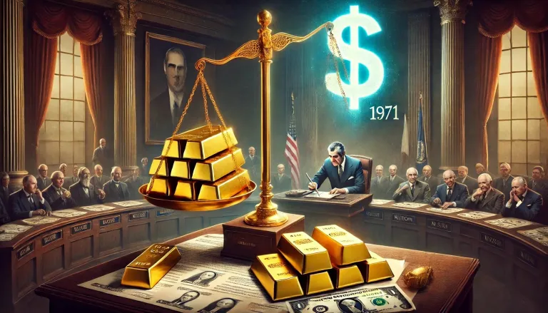 Illustration of gold and a dollar symbol on scales above a 1971 government meeting.