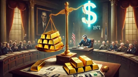 Illustration of gold and a dollar symbol on scales above a 1971 government meeting.