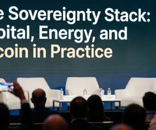 Panel discussion titled "The Sovereignty Stack: Capital, Energy, and Bitcoin in Practice" at Sovereign 2026 conference with speakers and attendees.