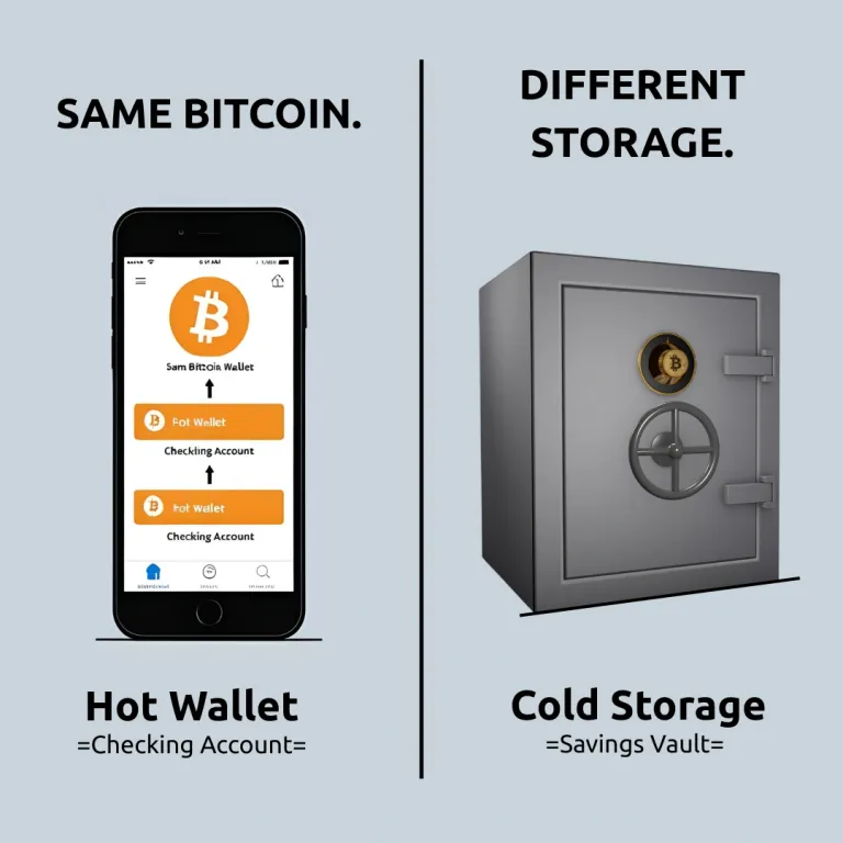 Hot wallet shown as a phone and checking account, compared with cold storage shown as a safe and savings vault.