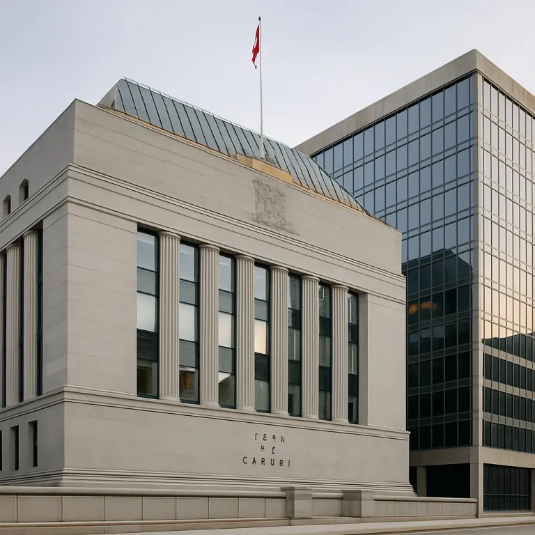 Street view of the Bank of Canada building in Ottawa, featuring both classical stone architecture and a modern glass extension.