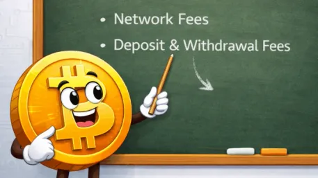 A friendly illustration of a cartoon Bitcoin character pointing at a chalkboard that explains Bitcoin fees for Canadians, highlighting platform fees, network fees, and deposit and withdrawal costs in a clear, educational way.