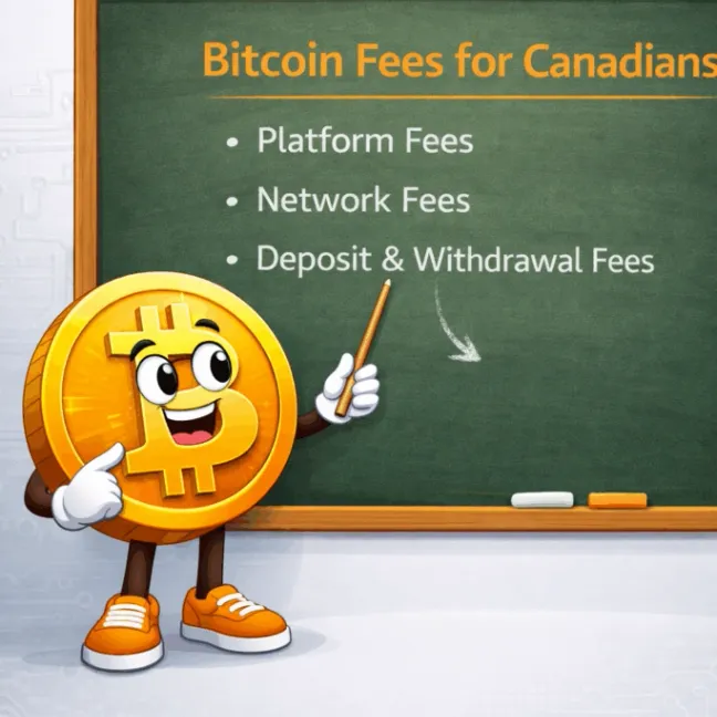 A friendly illustration of a cartoon Bitcoin character pointing at a chalkboard that explains Bitcoin fees for Canadians, highlighting platform fees, network fees, and deposit and withdrawal costs in a clear, educational way.