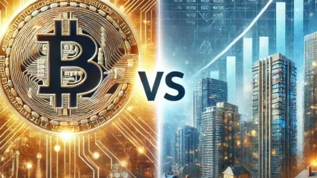 Illustration contrasting a Bitcoin coin with rising financial charts, buildings, and houses.
