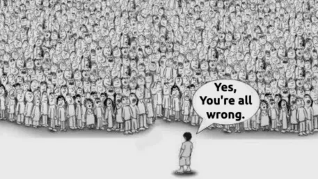 One person facing a crowd says, “Yes, you’re all wrong.”