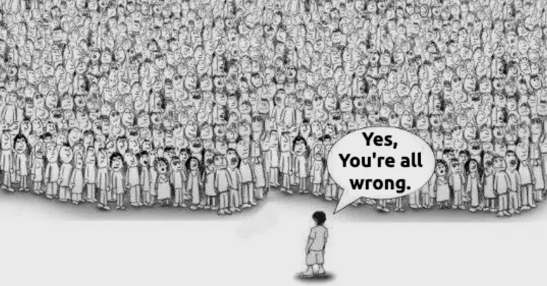 One person facing a crowd says, “Yes, you’re all wrong.”