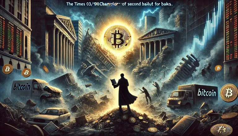 Illustration of Bitcoin emerging amid damaged banks and a financial crisis.