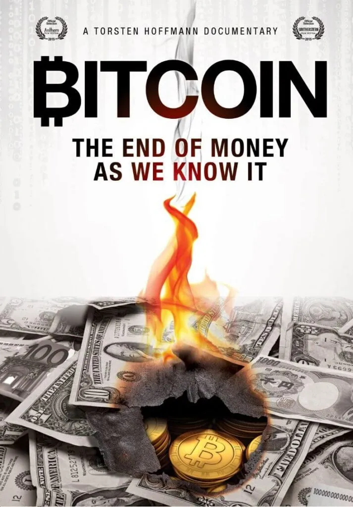 Poster for The Rise and Rise of Bitcoin documentary featuring a raised fist holding a Bitcoin.