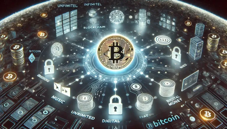 A Bitcoin coin surrounded by digital networks, locks, and other cryptocurrency symbols.