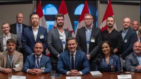 Group photo of Canadian MPs and Bitcoin industry leaders at Bitcoin on the Hill 2025, with Pierre Poilievre seated center, Canadian flags in the background.
