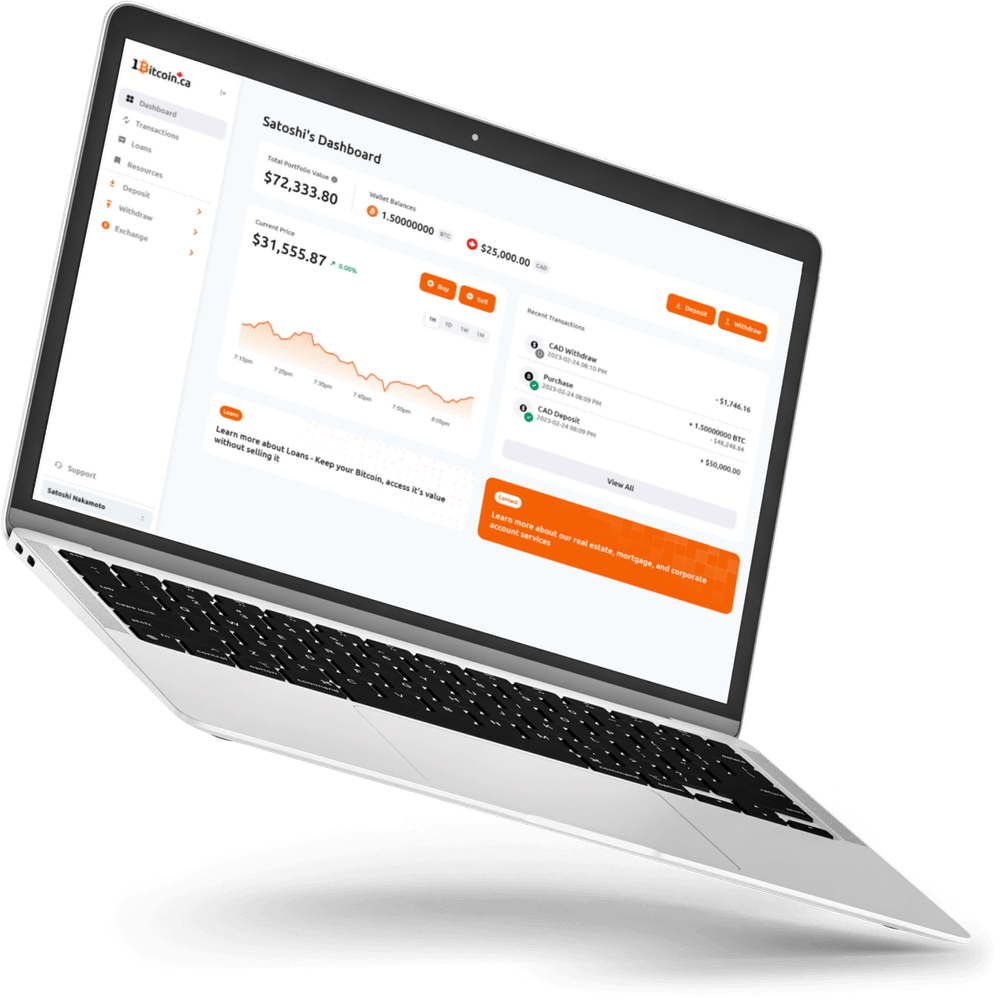 Laptop displaying a Bitcoin dashboard interface with account balance, price chart, and transaction details.