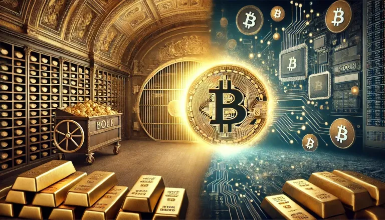 Gold bars and a bank vault illustrated beside a Bitcoin coin and a digital network.