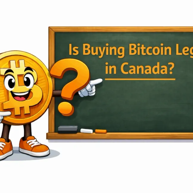 A friendly illustration of a cartoon Bitcoin character pointing to a chalkboard asking “Is Buying Bitcoin Legal in Canada?”, designed to introduce a clear, educational guide on Bitcoin laws and regulation.