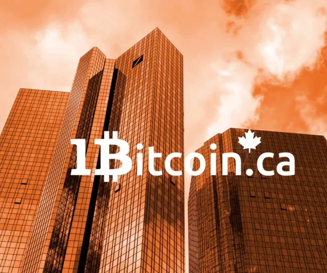 Modern glass skyscrapers under an orange sky with the text “1Bitcoin.ca” and a maple leaf, representing a Canadian Bitcoin financial brand.