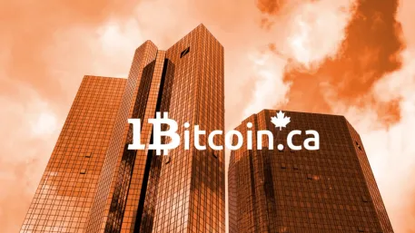 Modern glass skyscrapers under an orange sky with the text “1Bitcoin.ca” and a maple leaf, representing a Canadian Bitcoin financial brand.