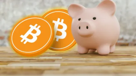 Bitcoin coins beside a pink piggy bank.