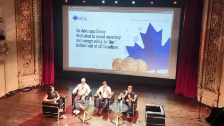 Panelists on stage at the Canadian Bitcoin Conference 2025 in Montreal, seated in front of a large screen promoting Bitcoin advocacy for Canada.