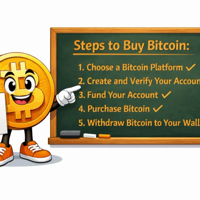 A friendly illustration showing a cartoon Bitcoin character pointing to a chalkboard that outlines the five simple steps to buying Bitcoin, from choosing a platform to withdrawing to your own wallet.