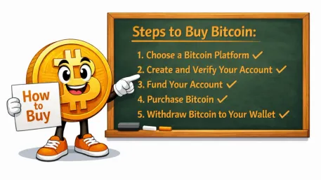 A friendly illustration showing a cartoon Bitcoin character pointing to a chalkboard that outlines the five simple steps to buying Bitcoin, from choosing a platform to withdrawing to your own wallet.