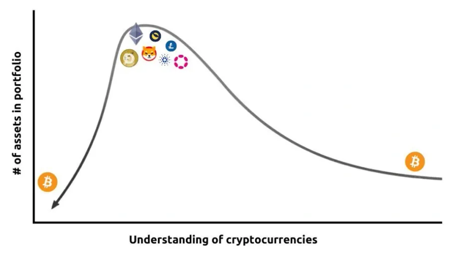 Conceptual curve showing a portfolio start with Bitcoin, expand into many cryptocurrencies, then narrow back to Bitcoin as understanding grows.