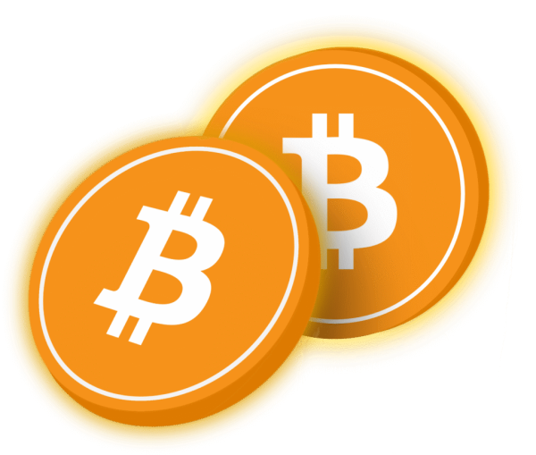 Two overlapping orange Bitcoin coins with white Bitcoin symbols on an orange background.