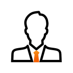 Simple icon of a person in a suit with an orange tie.