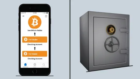 Hot wallet shown as a phone and checking account, compared with cold storage shown as a safe and savings vault.