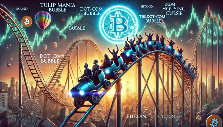 Roller-coaster illustration comparing Bitcoin market swings with historical financial bubbles.