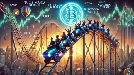 Roller-coaster illustration comparing Bitcoin market swings with historical financial bubbles.