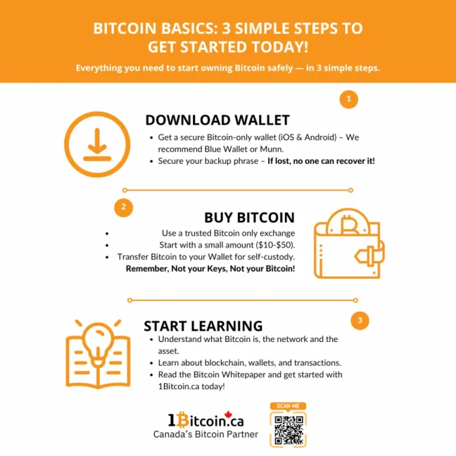 Bitcoin basics: download a wallet and secure its recovery phrase; buy Bitcoin and transfer it to your wallet; learn about Bitcoin and read the whitepaper.