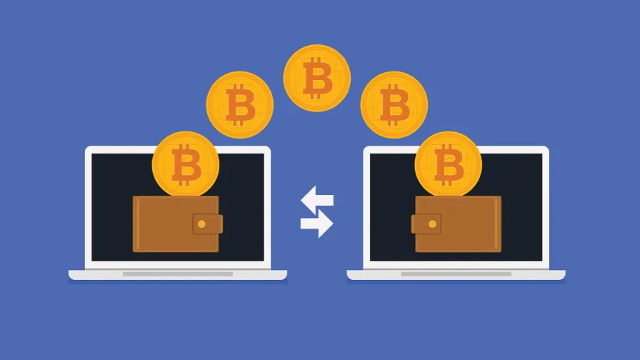 Illustration of Bitcoin being transferred between two laptops with wallets and arrows indicating exchange.