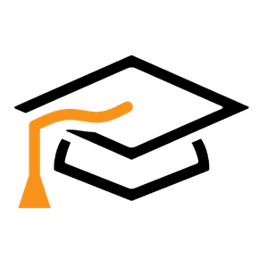 Graduation cap icon with black outline and orange tassel.