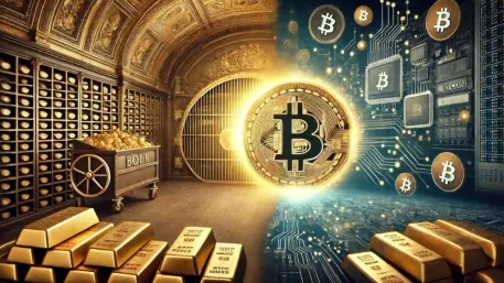Gold bars and a bank vault illustrated beside a Bitcoin coin and a digital network.